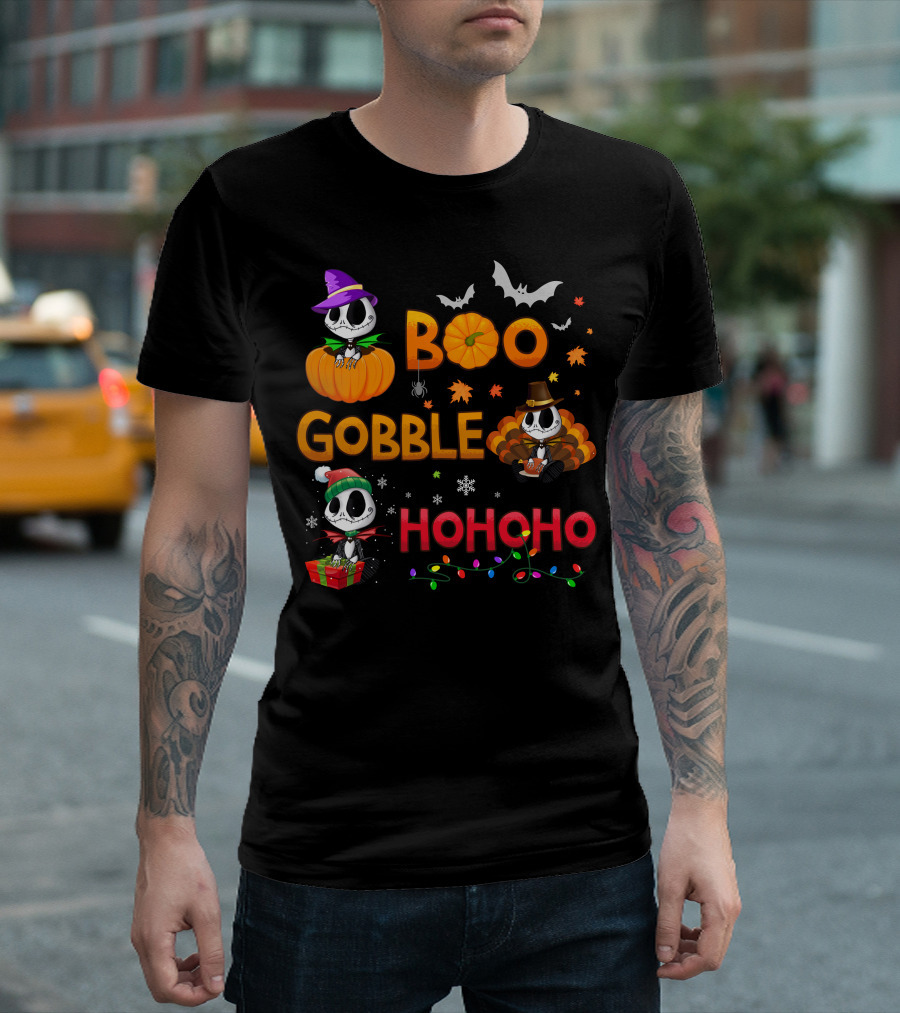 Boo Gobble Hohoho Jack Skellington Halloween Thanksgiving Christmas T-Shirt