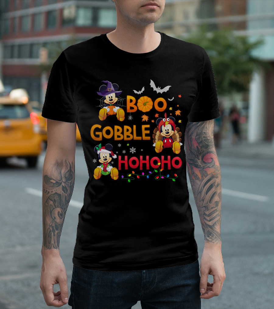 Boo Gobble Hohoho Mickey Mouse Halloween Thanksgiving Christmas T-Shirt