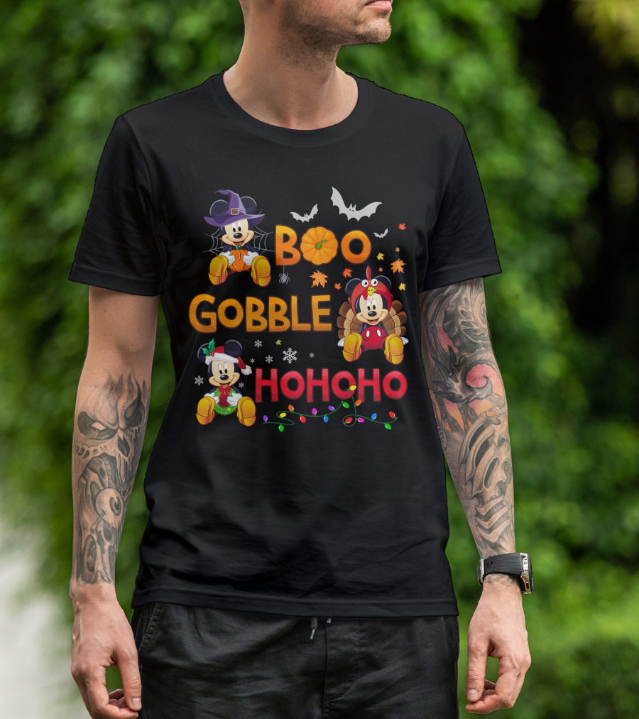 Boo Gobble Hohoho Mickey Mouse Halloween Thanksgiving Christmas T-Shirt