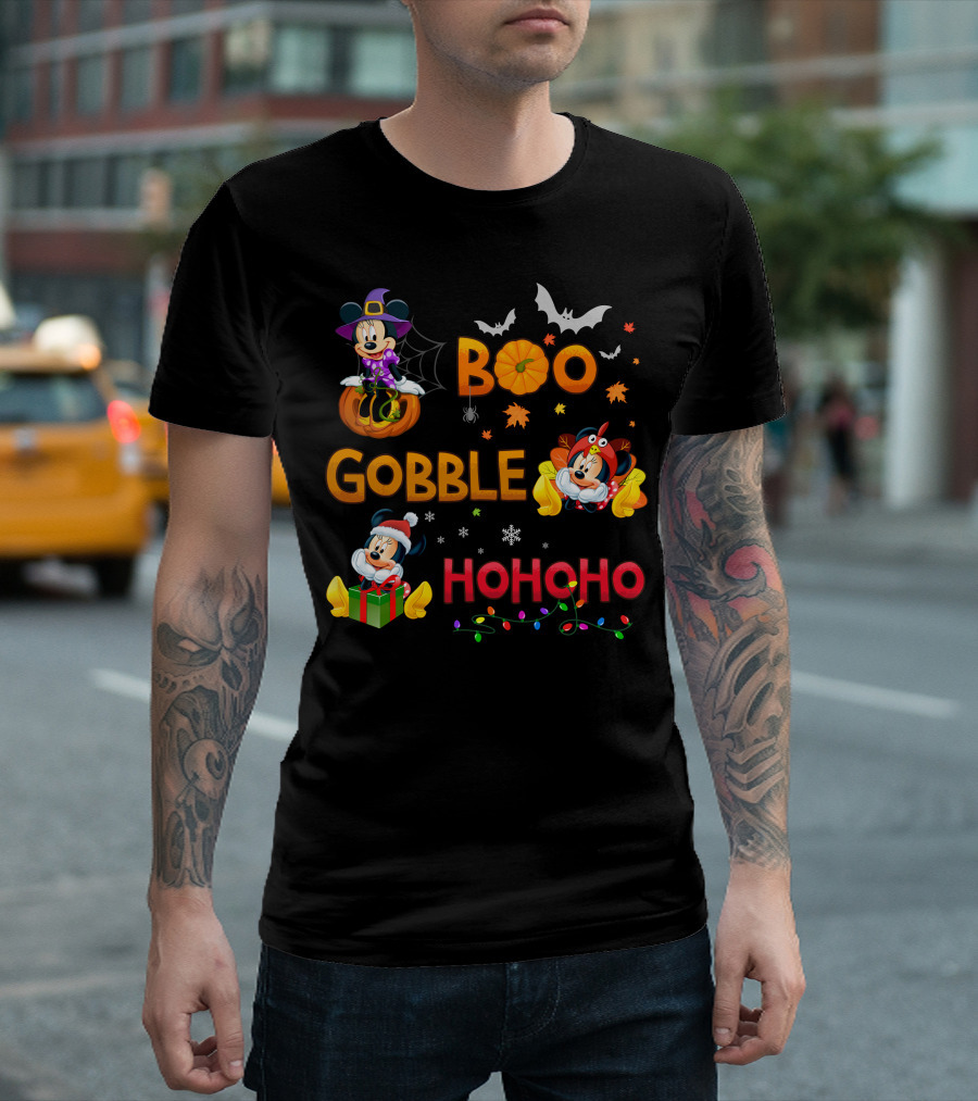 Boo Gobble Ho Ho Ho Minnie Halloween Thanksgiving Christmas T-Shirt