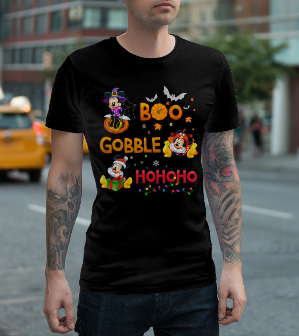 Boo Gobble Ho Ho Ho Minnie Halloween Thanksgiving Christmas T-Shirt