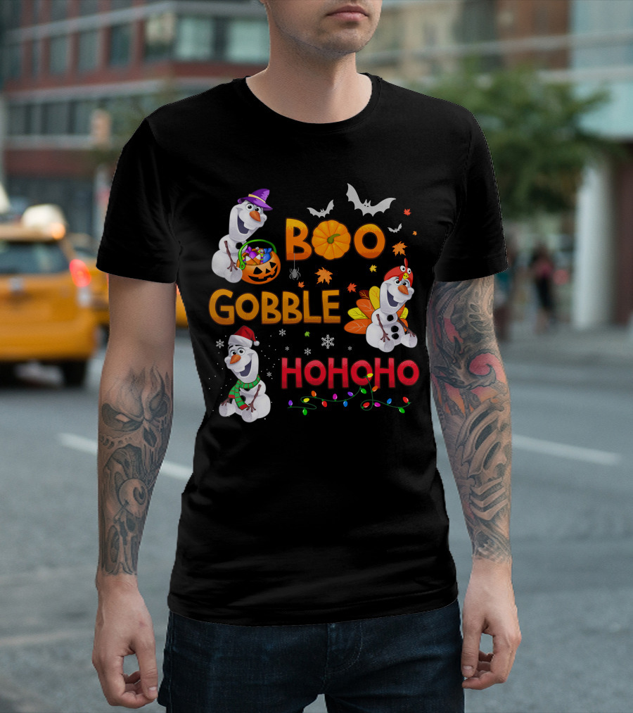 Boo Gobble Hohoho Olaf Halloween Thanksgiving Christmas T-Shirt