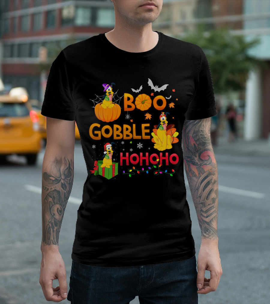 Boo Gobble Hohoho Pluto Halloween Thanksgiving Christmas T-Shirt