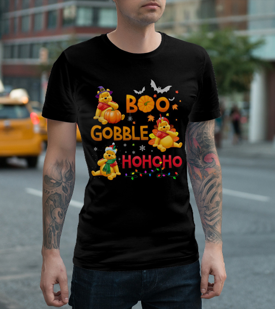 Boo Gobble Hohoho Pumpkin Bat Leaves Pooh T-Shirt