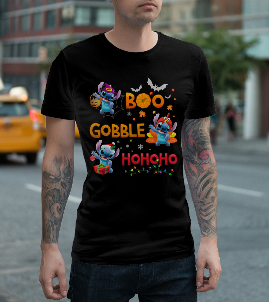 Boo Gobble Hohoho Stitch Halloween Thanksgiving Christmas T-Shirt