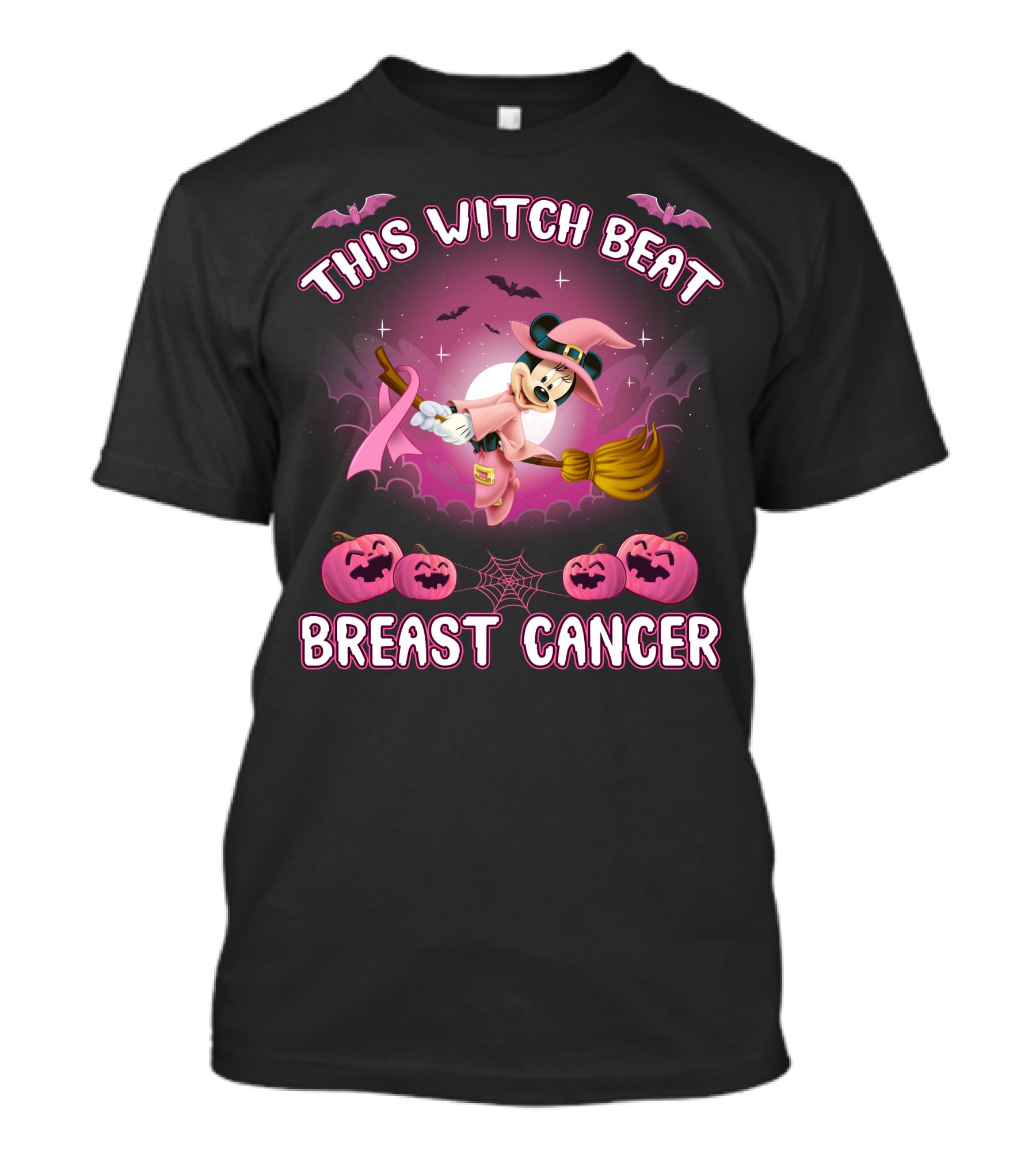 This Witch Beat Breast Cancer Minnie Witch Hat Pink Broom Halloween T-Shirt