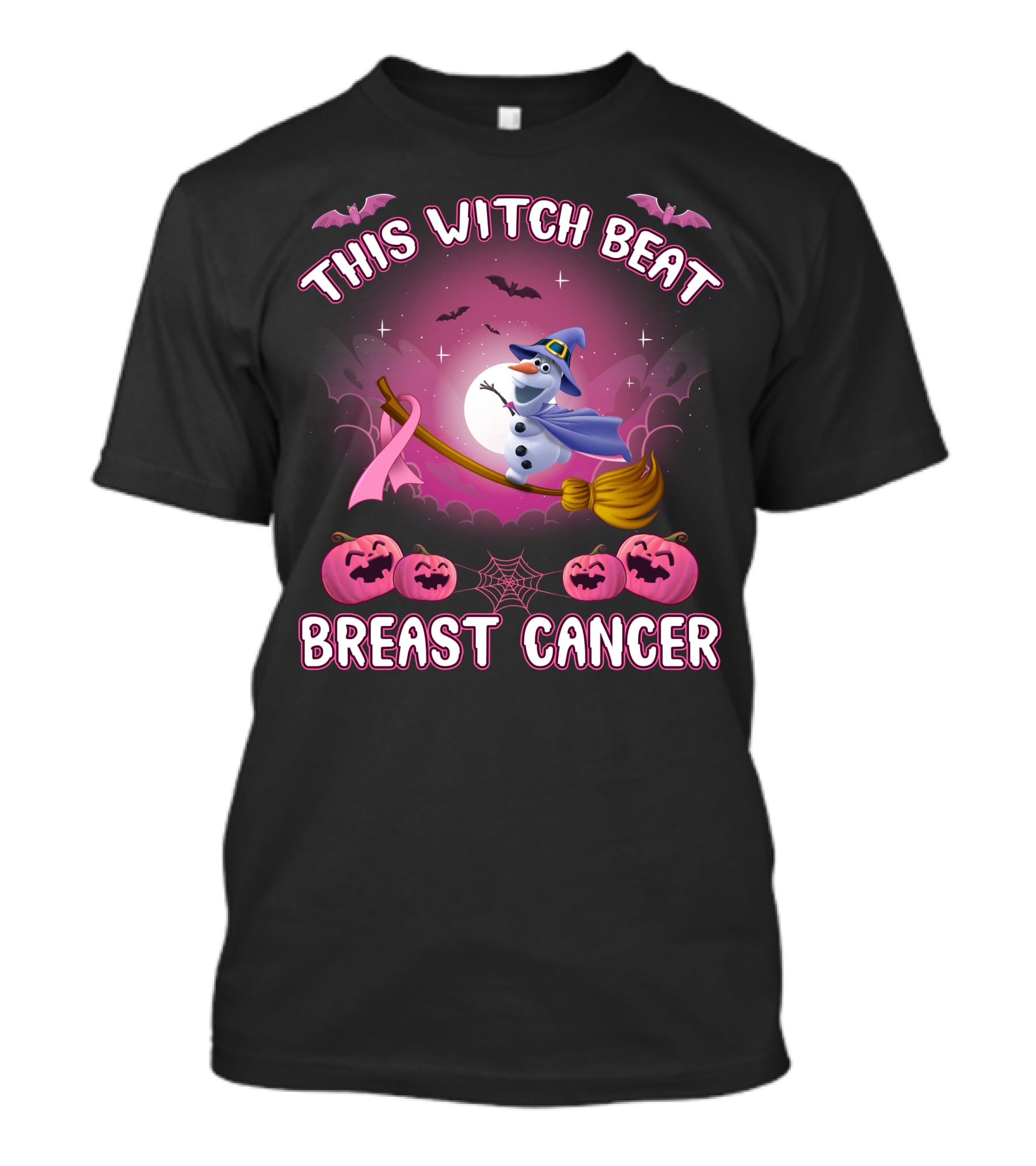 This Witch Beat Breast Cancer Olaf Broomstick Pink Ribbon Halloween Pumpkin Bat Moon T-Shirt