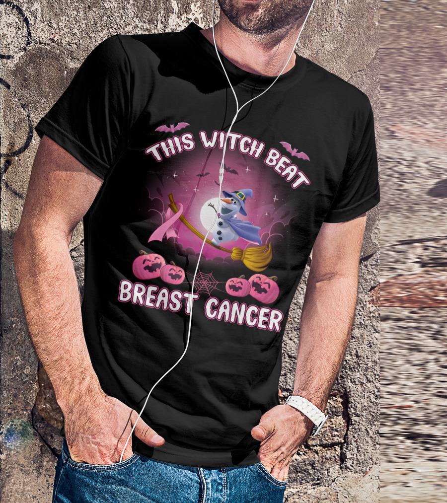 This Witch Beat Breast Cancer Olaf Broomstick Pink Ribbon Halloween Pumpkin Bat Moon T-Shirt