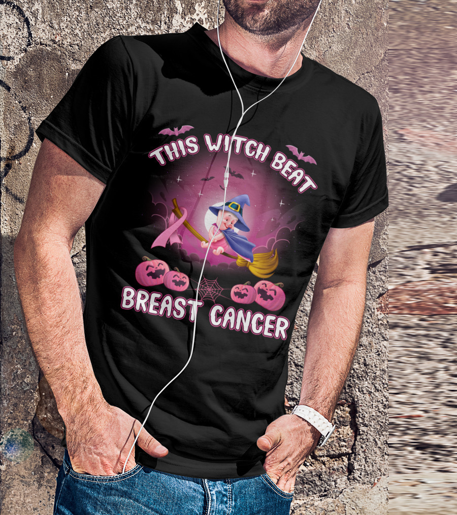 This Witch Beat Breast Cancer Piglet Halloween Pumpkins Broomstick Moon Bats T-Shirt