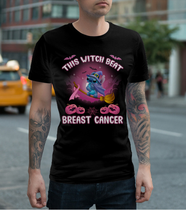 This Witch Beat Breast Cancer Stitch Riding Broom With Pumpkins And Bats T-Shirt
