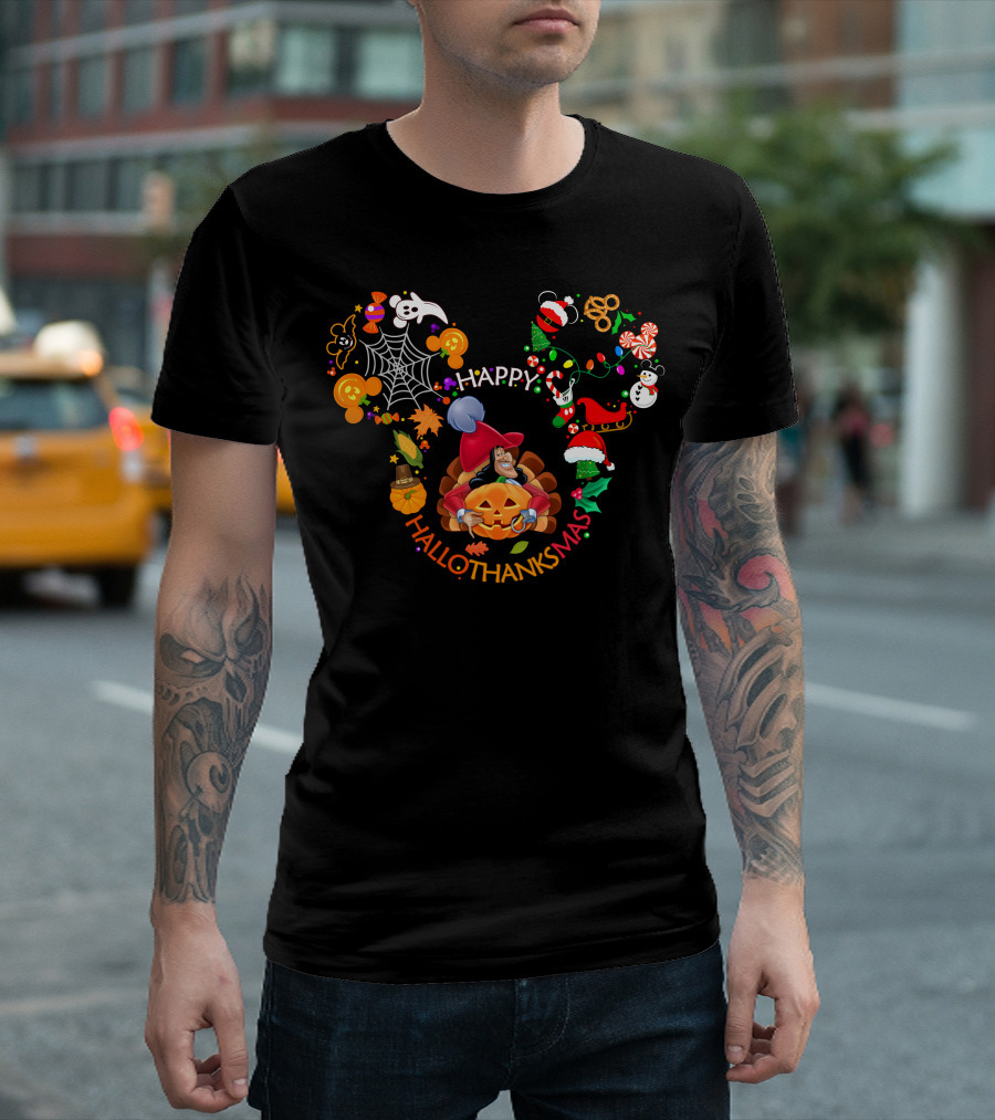 Happy Hallothanksmas Captain Hook Mickey Ears Halloween Thanksgiving Christmas Celebration T-Shirt