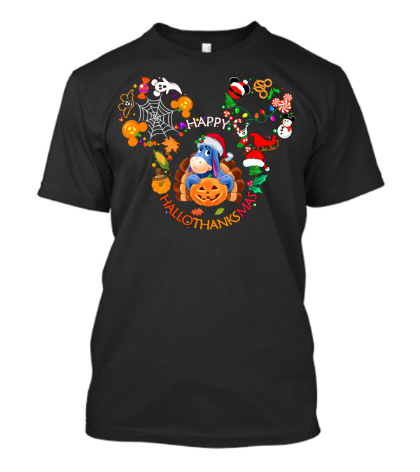 Happy Hallothanksmas Eeyore Pumpkin Santa Hat T-Shirt