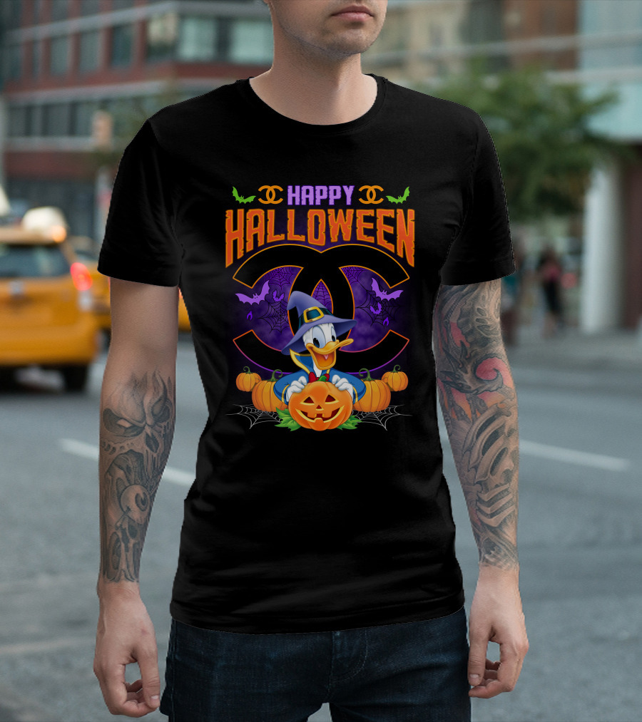 Happy Halloween Donald Duck Witch Pumpkin Bat Spiderwebs T-Shirt