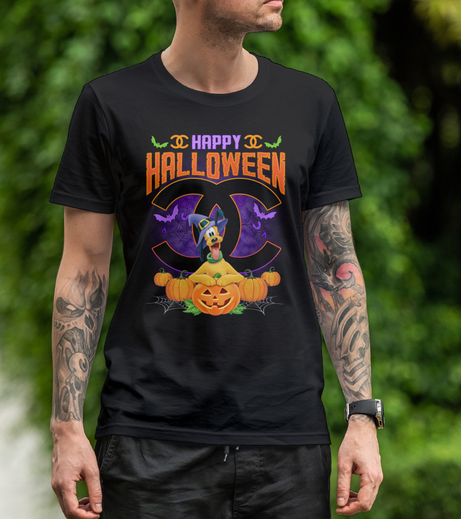 Happy Halloween Pluto Pumpkins Bat Symbols And Spider Webs T-Shirt