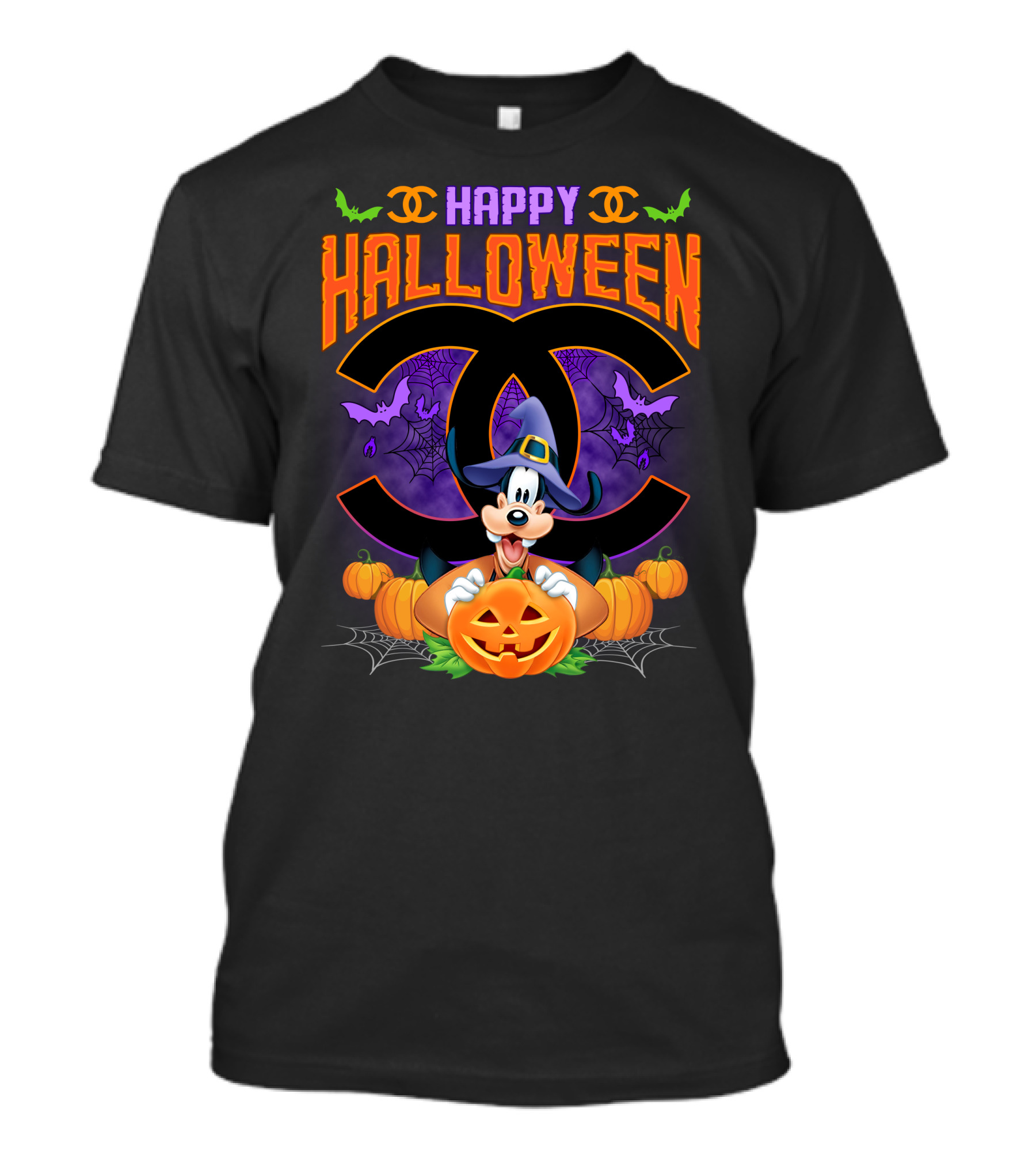 Goofy Happy Halloween Bat Pumpkin Witch Hat Spiderwebs Coco Chanel T-Shirt