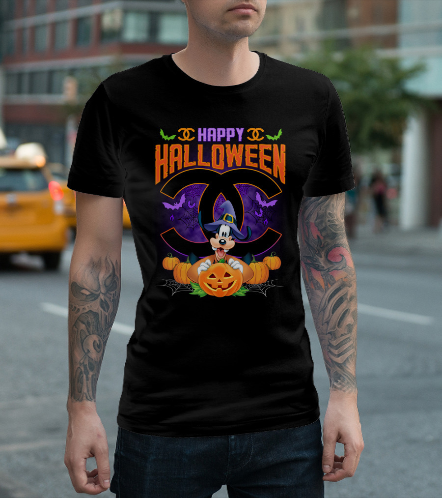 Goofy Happy Halloween Bat Pumpkin Witch Hat Spiderwebs Coco Chanel T-Shirt