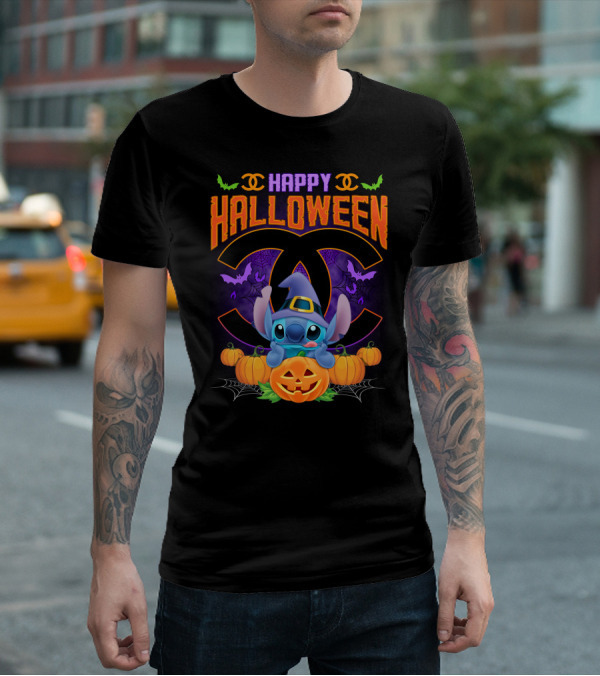 Stitch Happy Halloween Pumpkins And Bats T-Shirt