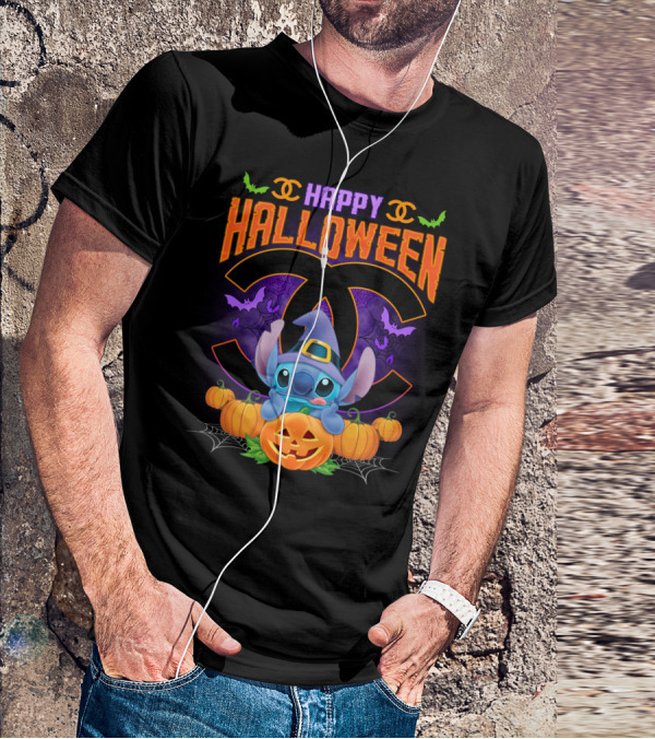 Stitch Happy Halloween Pumpkins And Bats T-Shirt