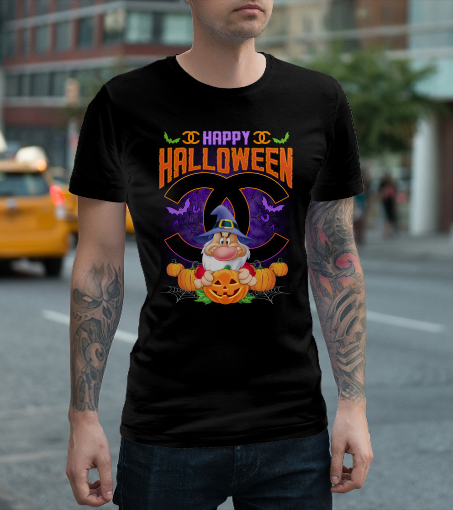 Happy Halloween Grumpy Dwarf With Pumpkins And Bat Accents On Chanel Logo Backdrop T-Shirt