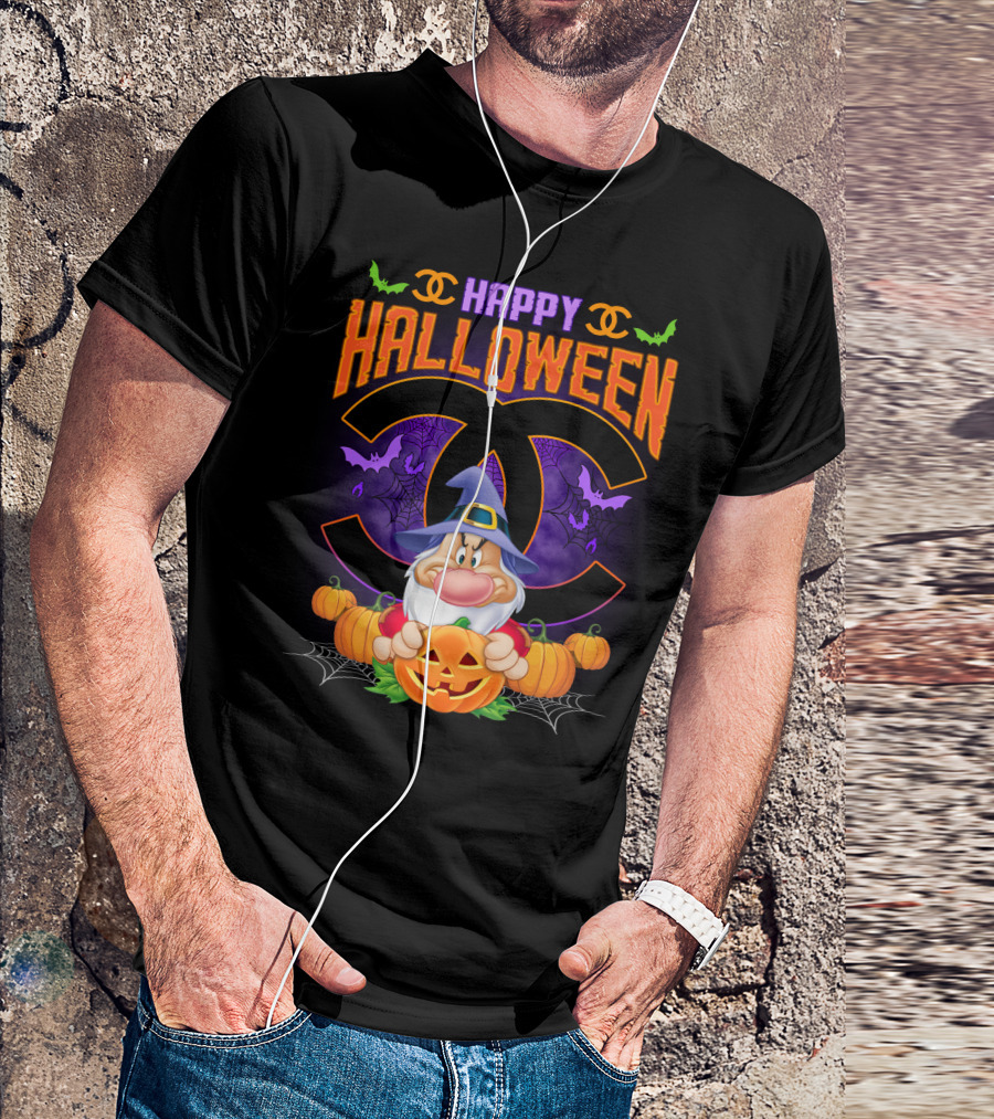 Happy Halloween Grumpy Dwarf With Pumpkins And Bat Accents On Chanel Logo Backdrop T-Shirt