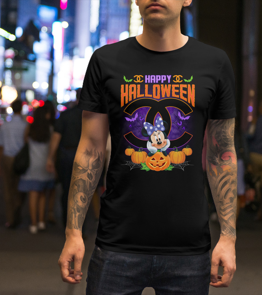 Minnie Happy Halloween Pumpkins Bat Spiderwebs Bow T-Shirt