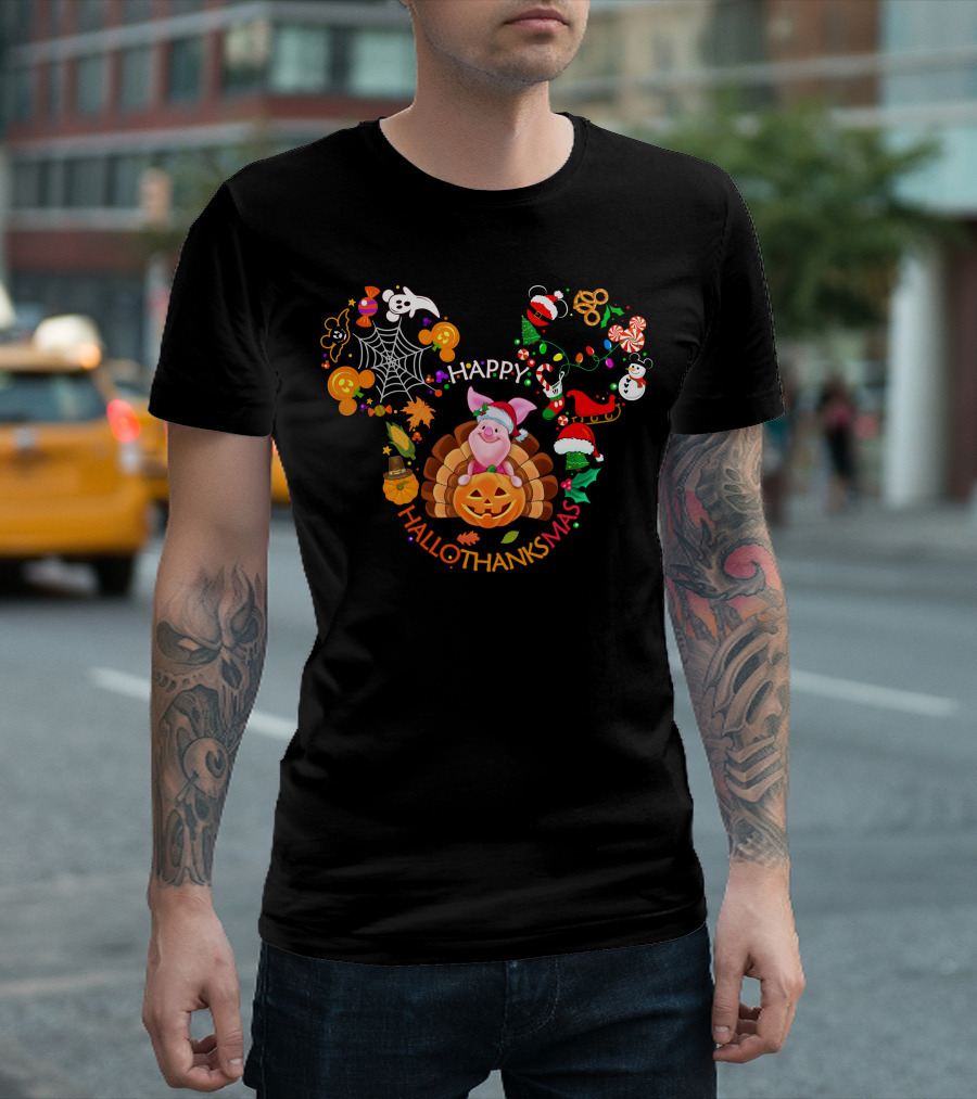 Happy Hallothanksmas Piglet Holiday Festive Celebration T-Shirt