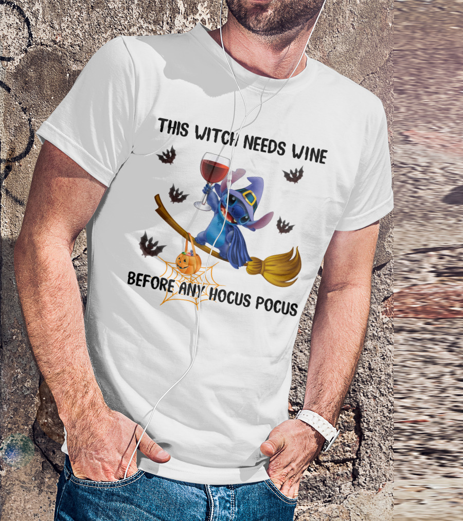 This Witch Needs Wine Before Any Hocus Pocus Stitch Broom Jack O' Lantern Bat T-Shirt