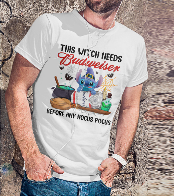 This Witch Needs Budweiser Before Any Hocus Pocus Stitch T-Shirt