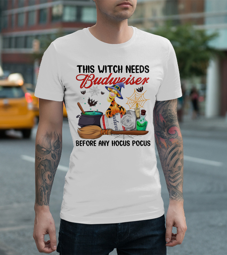 This Witch Needs Budweiser Before Any Hocus Pocus Tigger Halloween Fiesta T-Shirt
