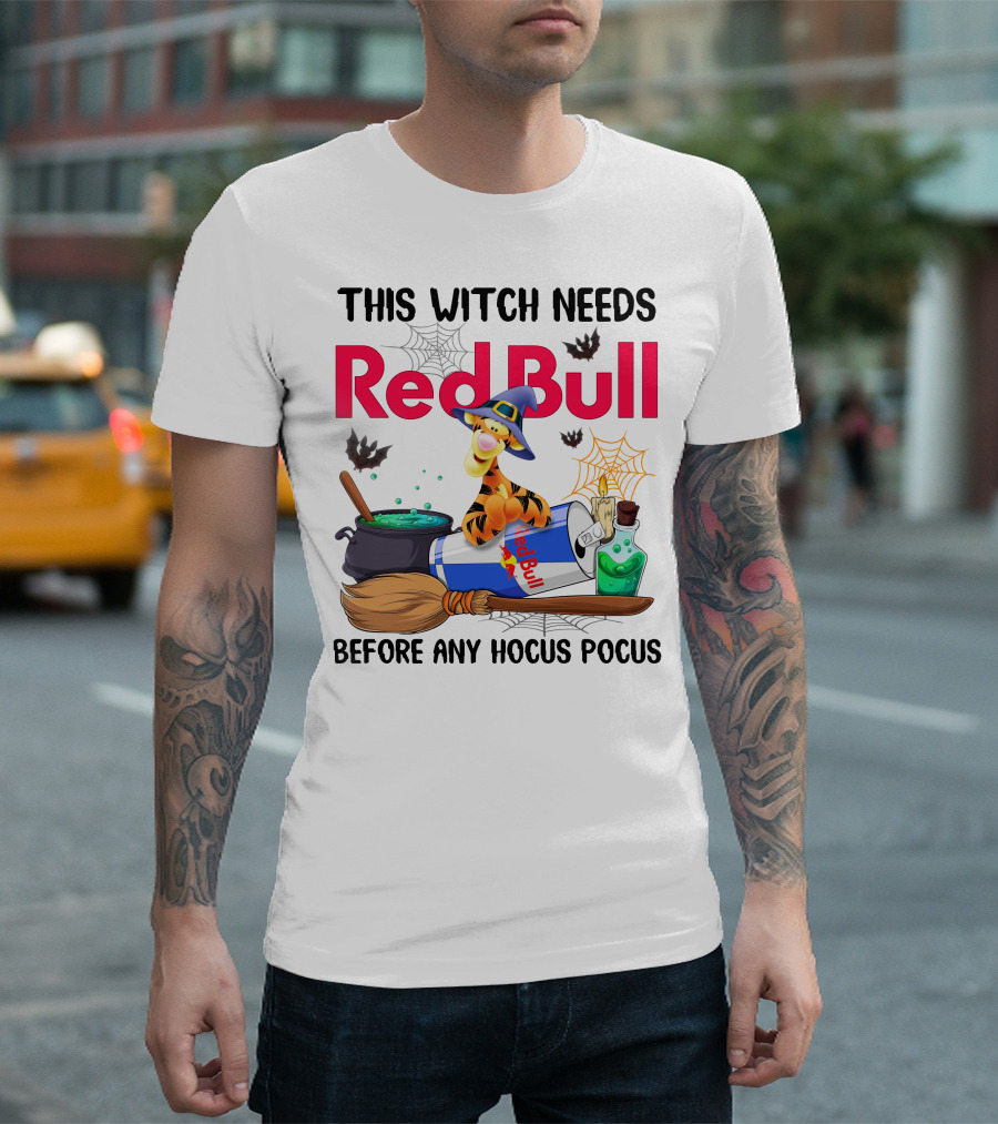 This Witch Needs Red Bull Before Any Hocus Pocus Tigger With Witch Hat And Red Bull Can T-Shirt