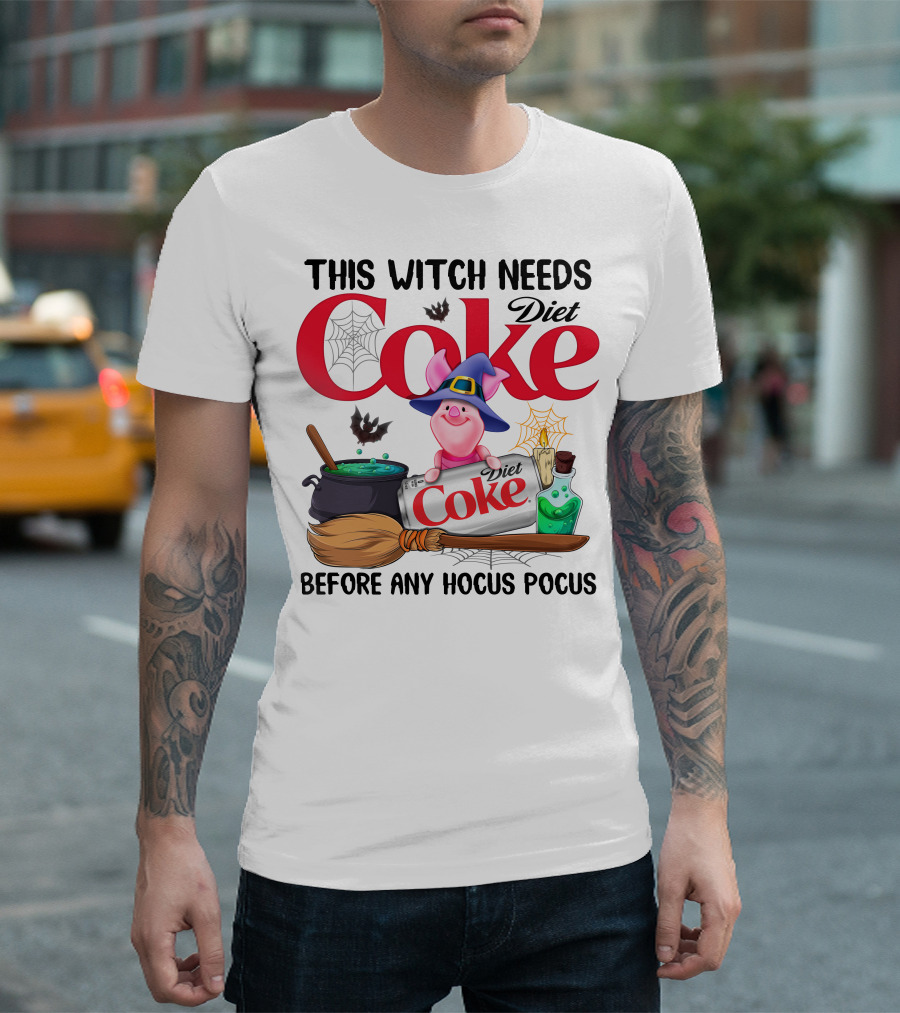 This Witch Needs Diet Coke Before Any Hocus Pocus Piglet Witch Hat Brew Broom_Spiderweb T-Shirt