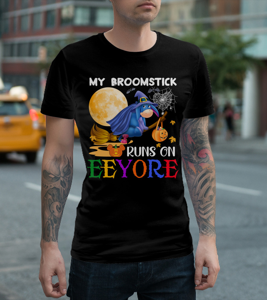My Broomstick Runs On Eeyore Halloween Moon Bat Pumpkin T-Shirt
