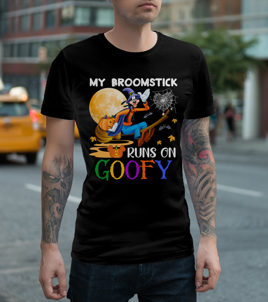 My Broomstick Runs On Goofy Halloween Moon Pumpkin Spiderweb T-Shirt
