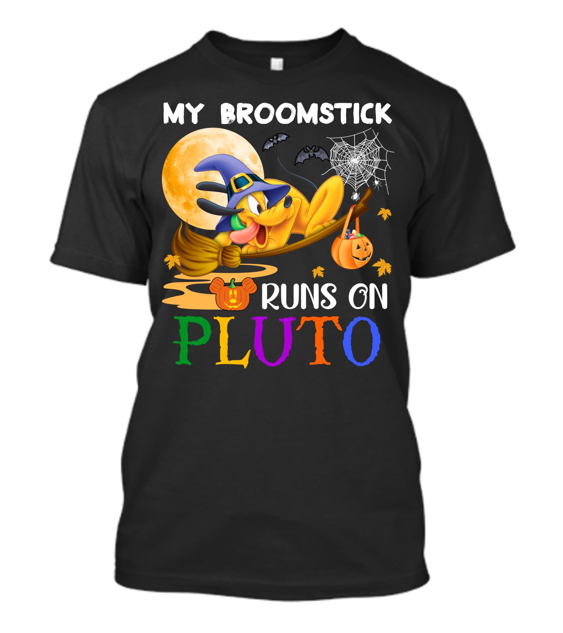 My Broomstick Runs On Pluto Halloween Moon Bats Spider Web Pumpkin T-Shirt