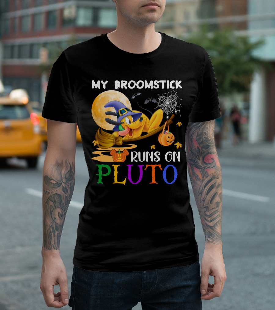 My Broomstick Runs On Pluto Halloween Moon Bats Spider Web Pumpkin T-Shirt