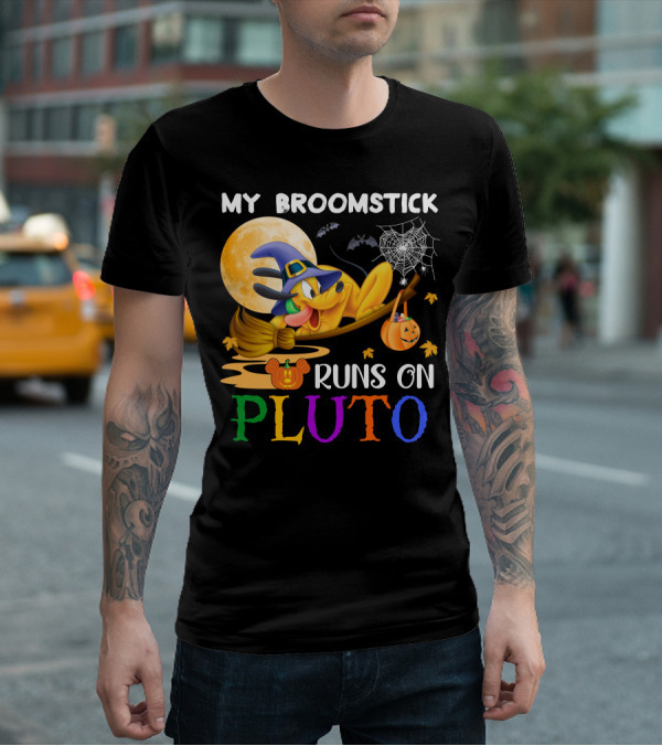 My Broomstick Runs On Pluto Halloween Moon Bats Spider Web Pumpkin T-Shirt