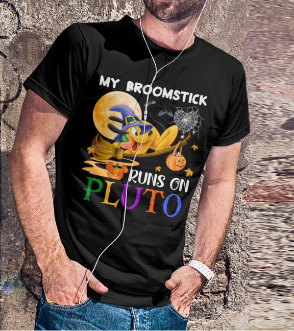 My Broomstick Runs On Pluto Halloween Moon Bats Spider Web Pumpkin T-Shirt