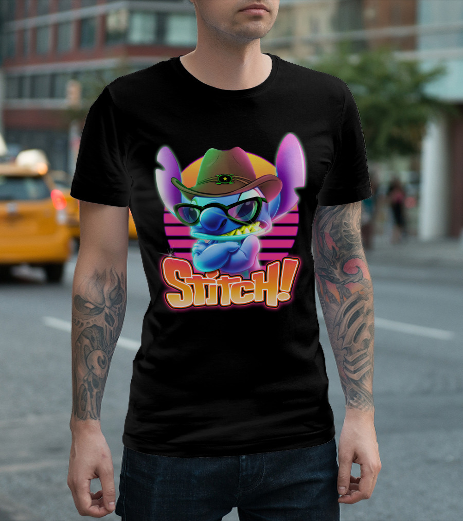 Stitch Neon Cowboy Style With Sunglasses And Retro Sunset T-Shirt