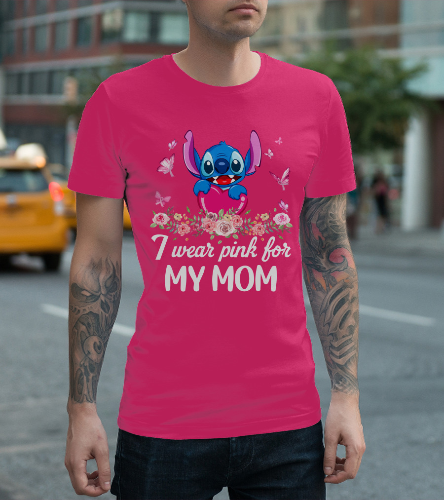 I Wear Pink For My Mom Stitch Floral Butterflies T-Shirt
