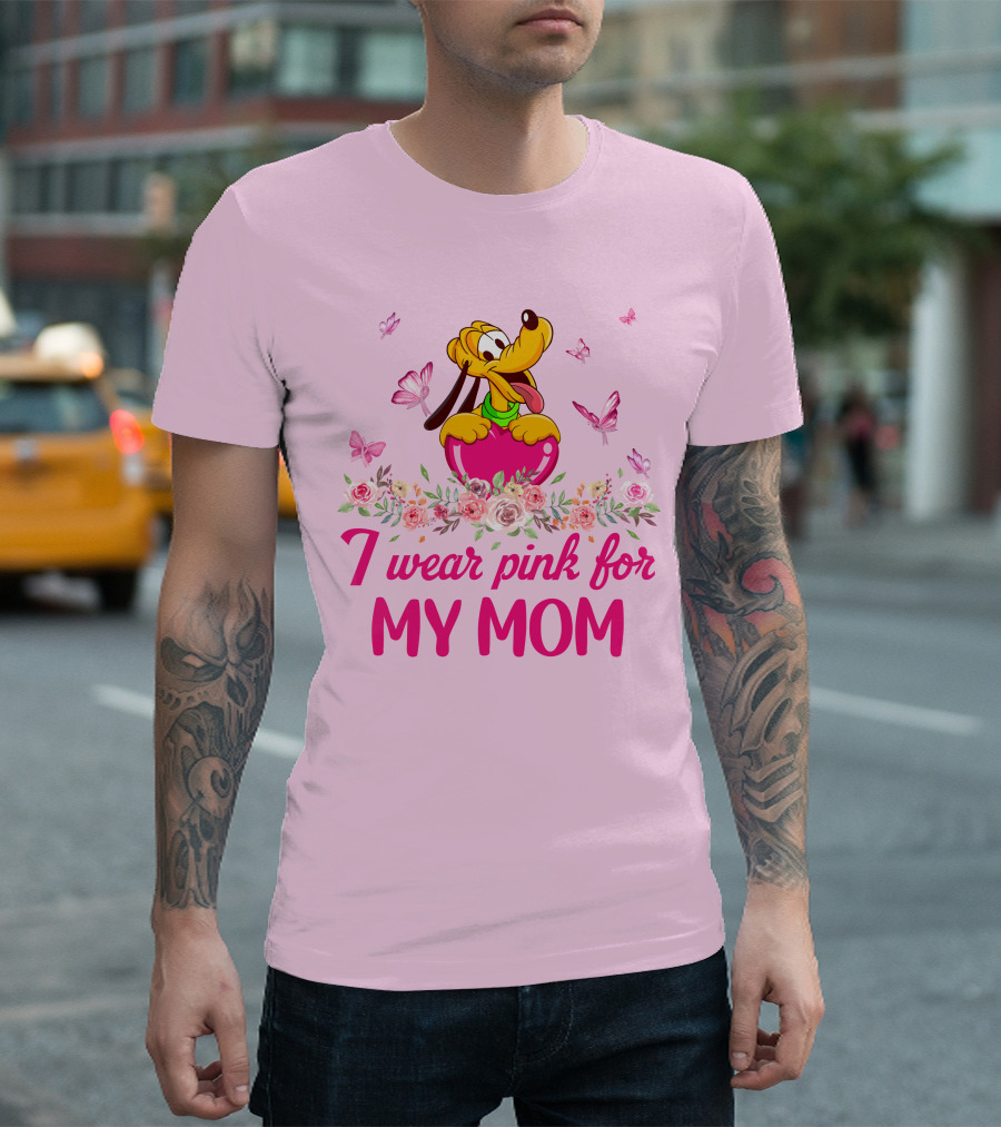 I Wear Pink For My Mom Pluto Floral Butterflies T-Shirt