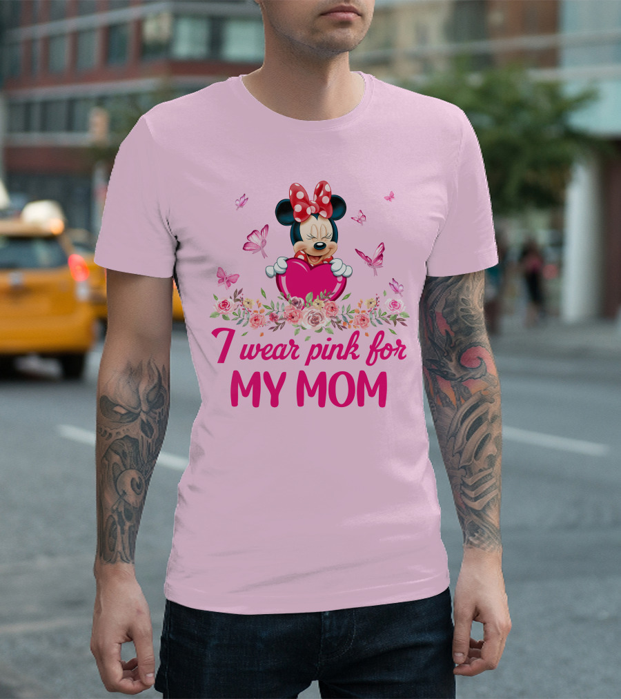 I Wear Pink For My Mom Minnie Butterfly Floral T-Shirt