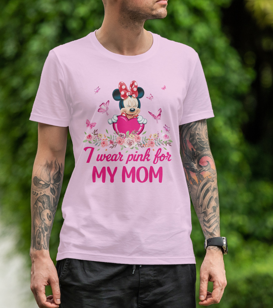 I Wear Pink For My Mom Minnie Butterfly Floral T-Shirt
