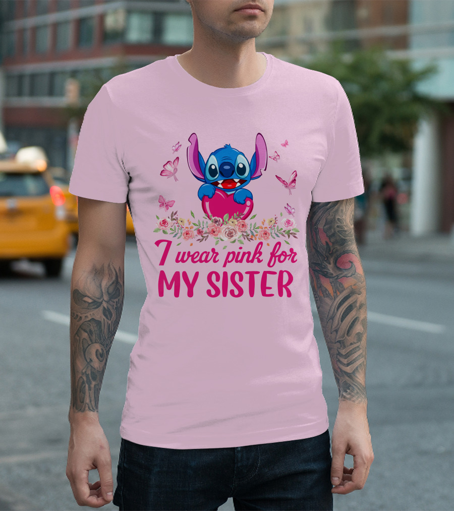 I Wear Pink For My Sister Stitch Butterfly Flower Theme T-Shirt