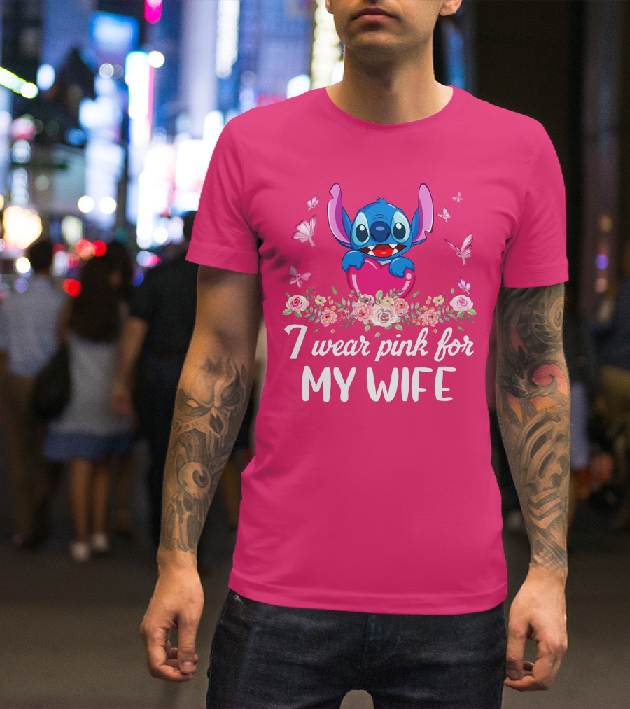Stitch I Wear Pink For My Wife Butterfly And Floral T-Shirt