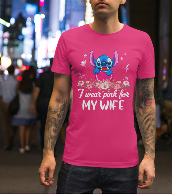 Stitch I Wear Pink For My Wife Butterfly And Floral T-Shirt