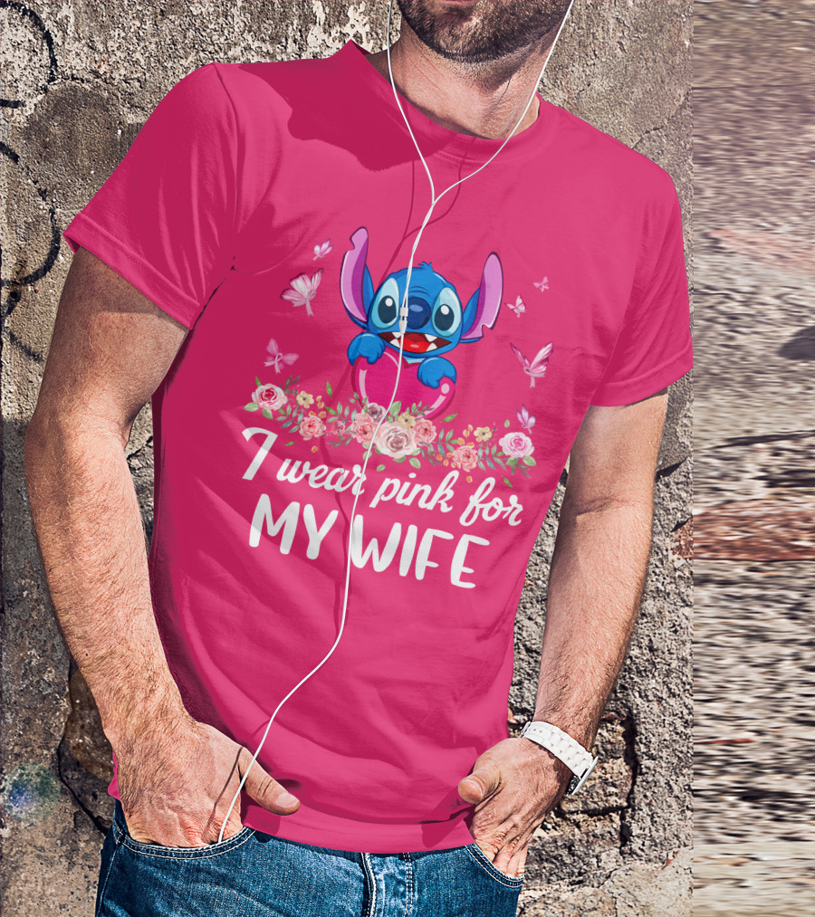 Stitch I Wear Pink For My Wife Butterfly And Floral T-Shirt