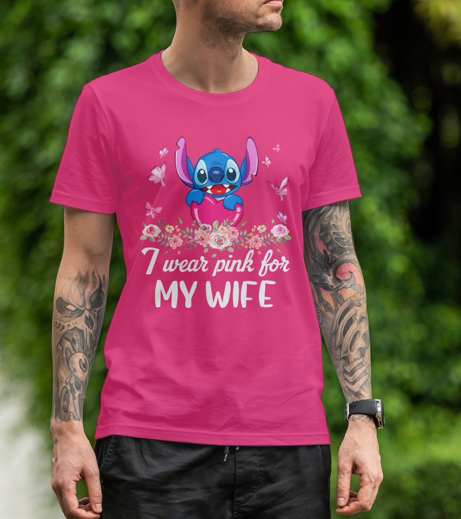 Stitch I Wear Pink For My Wife Butterfly And Floral T-Shirt
