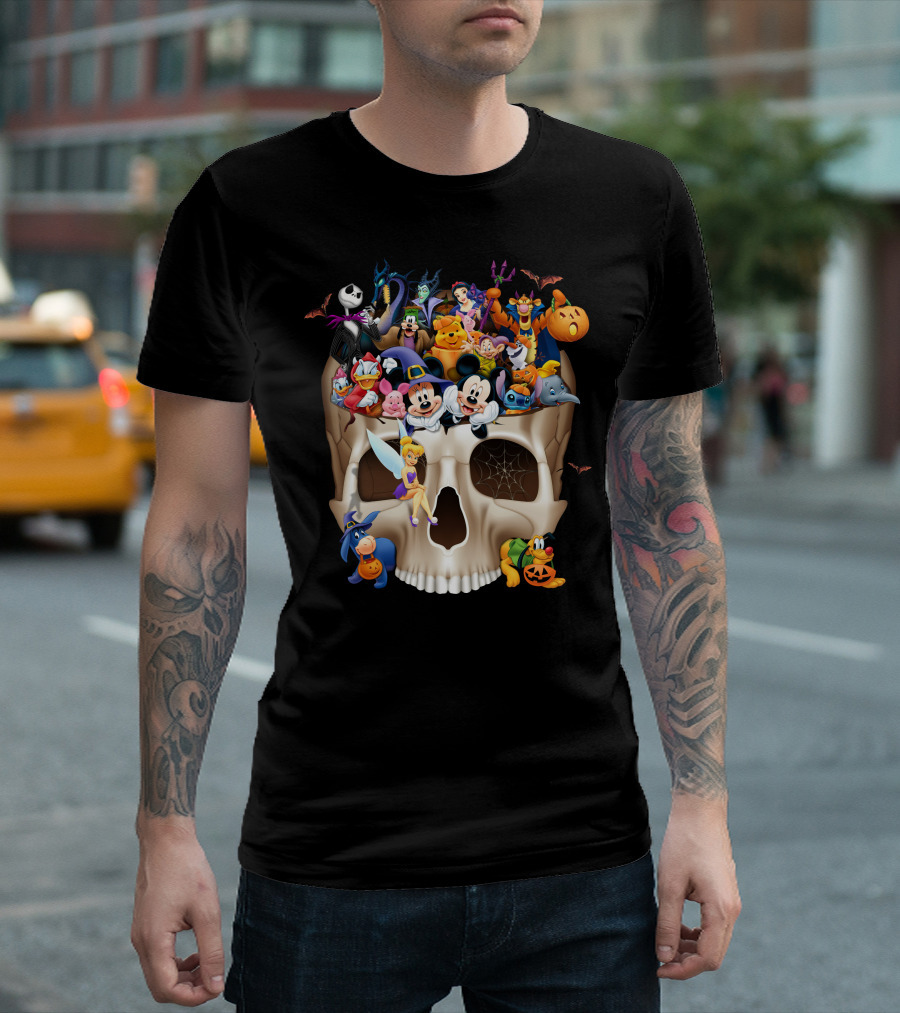 Disney Halloween Skull Characters Mickey Maleficent Jack Skellington Tinker Bell Stitch Donald Goofy T-Shirt