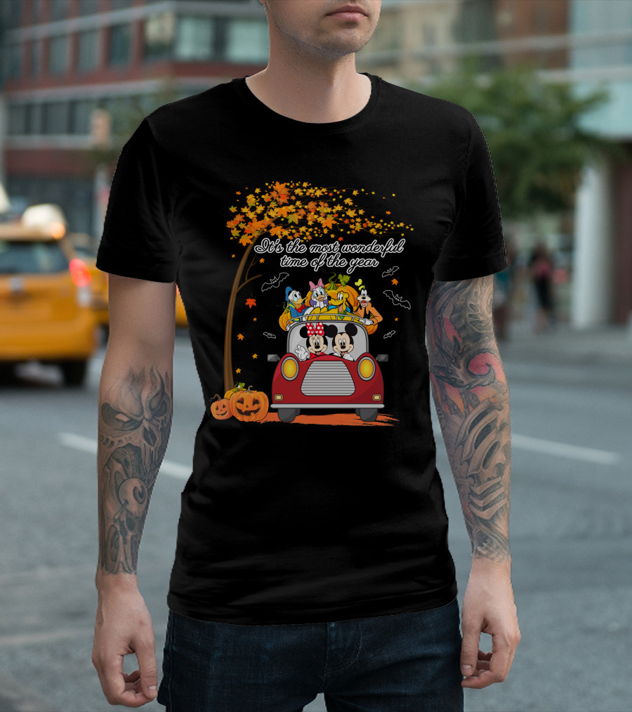 It's The Most Wonderful Time Of The Year Halloween Disney Characters In Car With Pumpkins And Leaves T-Shirt