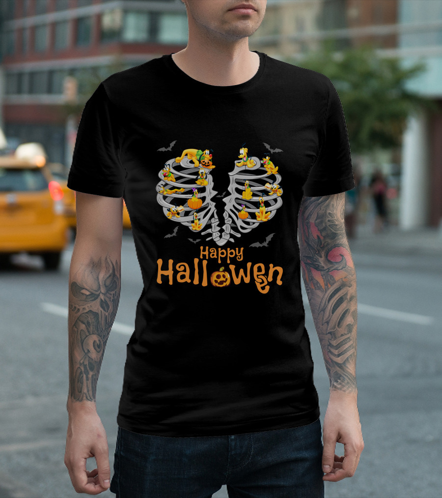 Happy Halloween Pluto Dog Skeleton Bats Pumpkin T-Shirt